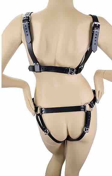 The rear view of the Leather Full Body Harness on a mannequin.