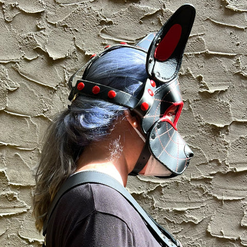 Right side of model wearing Spider Leather Pup Mask