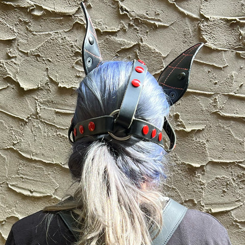 Back O Ring attachment on model wearing Spider Leather Pup Mask