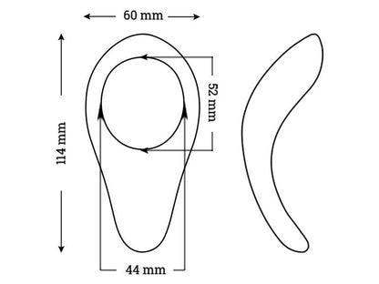 A diagram showing the dimensions of the We-Vibe Verge Cock Ring and Perineum Vibrator; 60mm x 114mm. The opening is 52mm x 44mm.