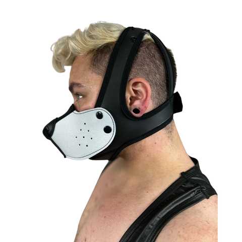 Left side of model wearing white neoprene snap-on K9 muzzle with the Neoprene K-Hood Base.