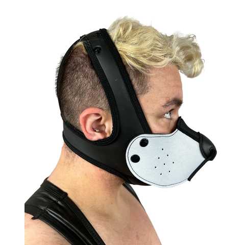 Right side of model wearing white neoprene snap-on K9 muzzle with the Neoprene K-Hood Base.