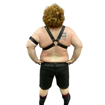 Model wearing the Classic 1.5" Buckle X-Harness and buckle armband, rear view.