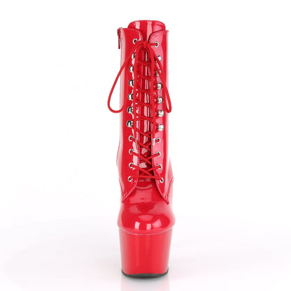 Red patent 7" Vegan Adore Ankle Boot, front view.