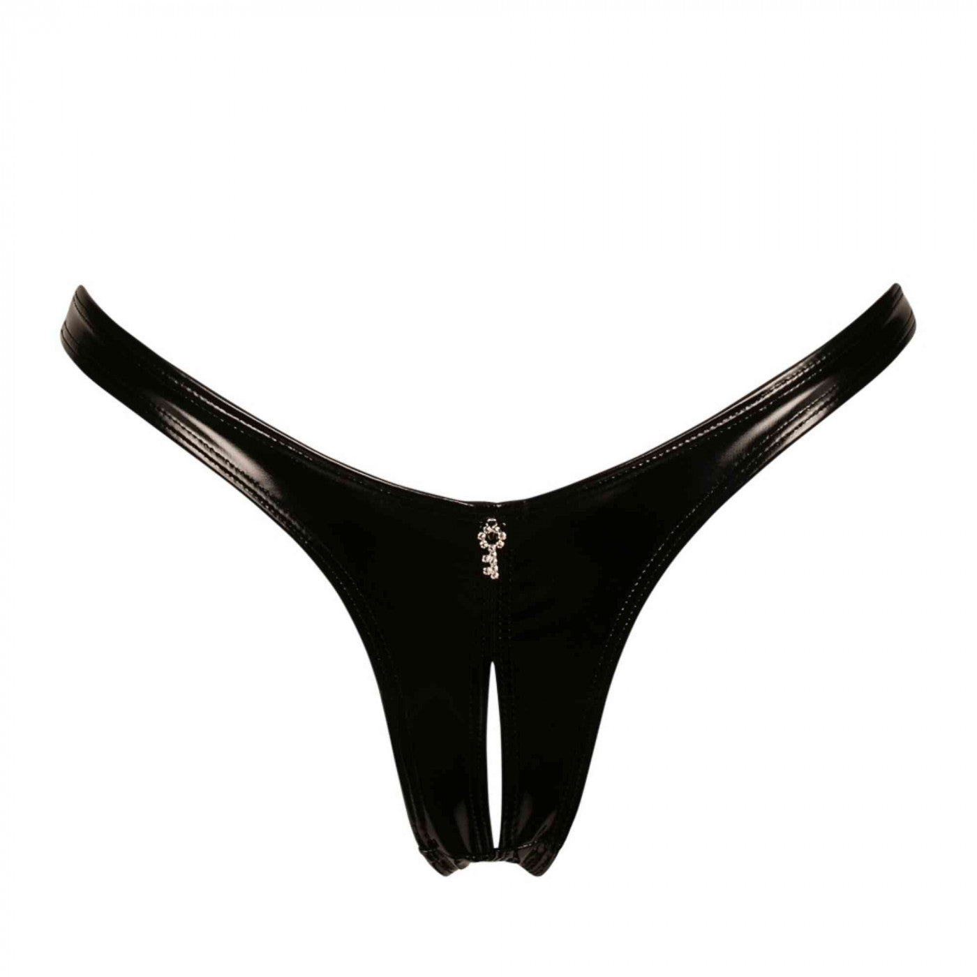 Lock and Key Crotchless Vinyl Thong, front view.
