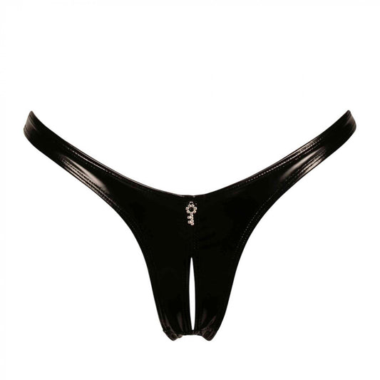 Lock and Key Crotchless Vinyl Thong, front view.