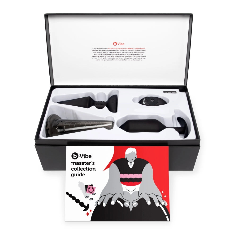 The B-Vibe Anal Education mASSter's Degree Set with its box.