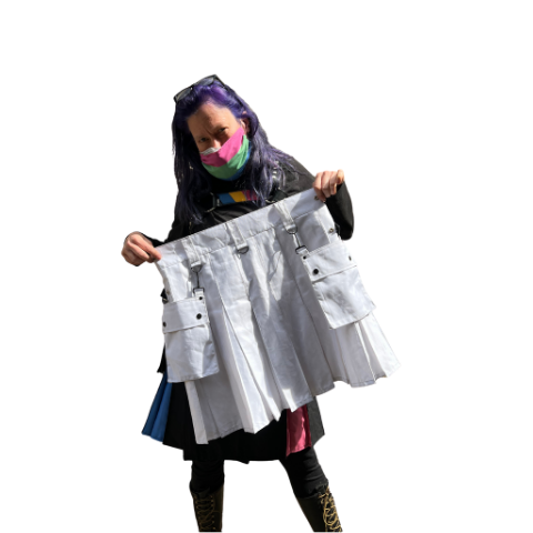 Model displaying the back of the white Heritage Kilt.