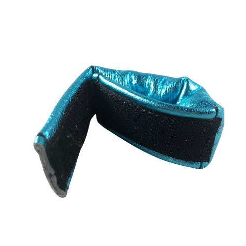 A closeup of the metallic teal sap wrap velcro closure.