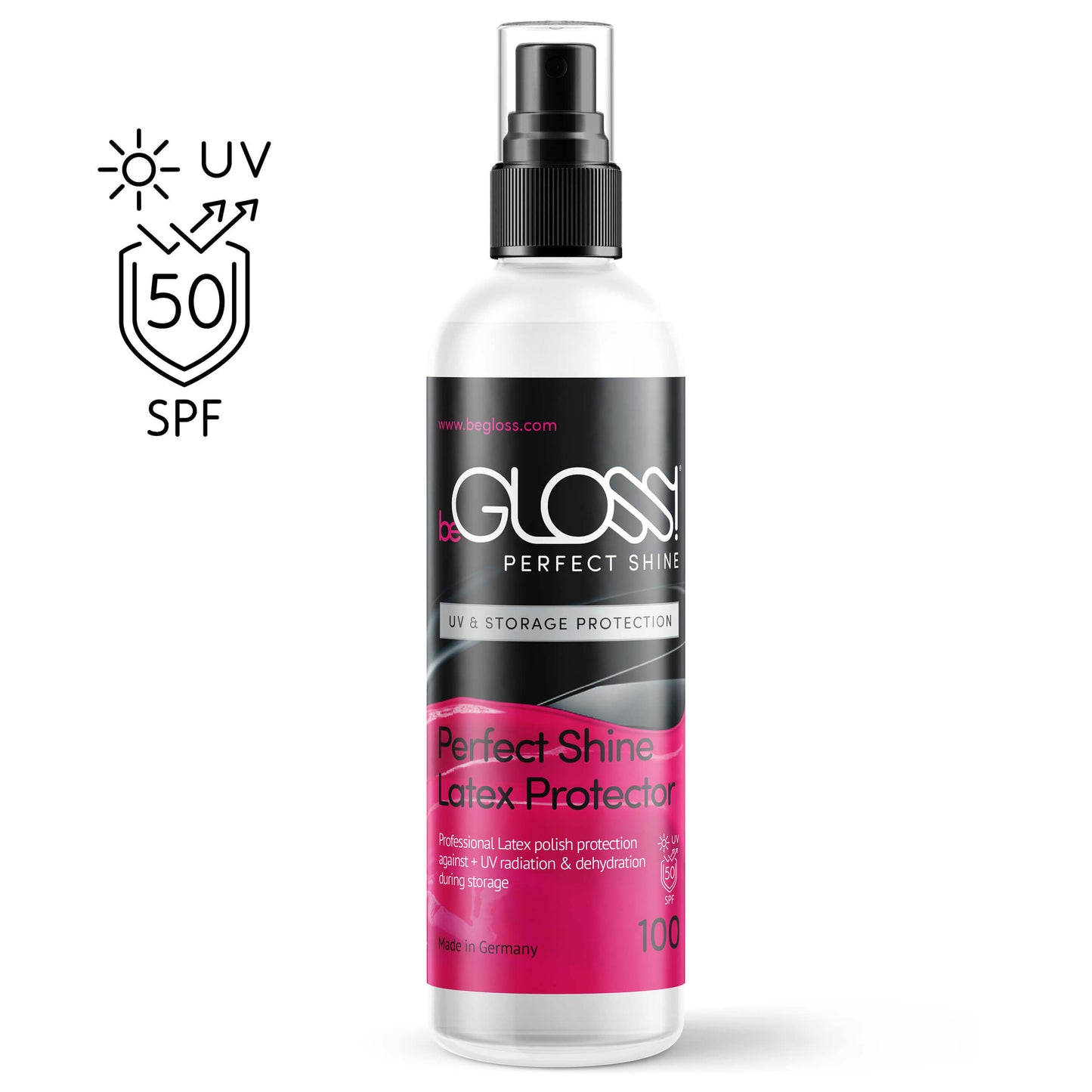 A 100mg bottle of beGLOSS UV Protection Shine.