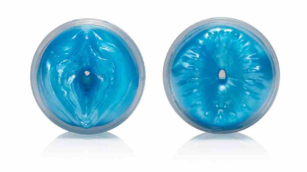 The Vagina and Butt ends of the Blue Alien Fleshlight Quickshot.