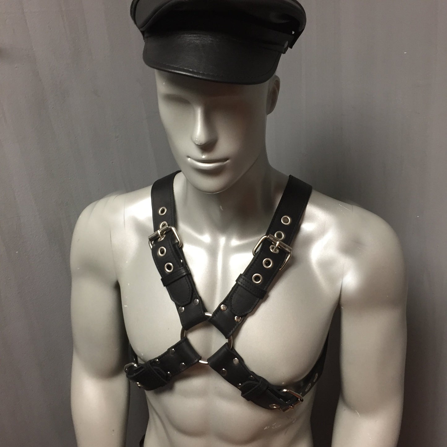 Classic 1.5" Buckle X-Harness on mannequin, front view.