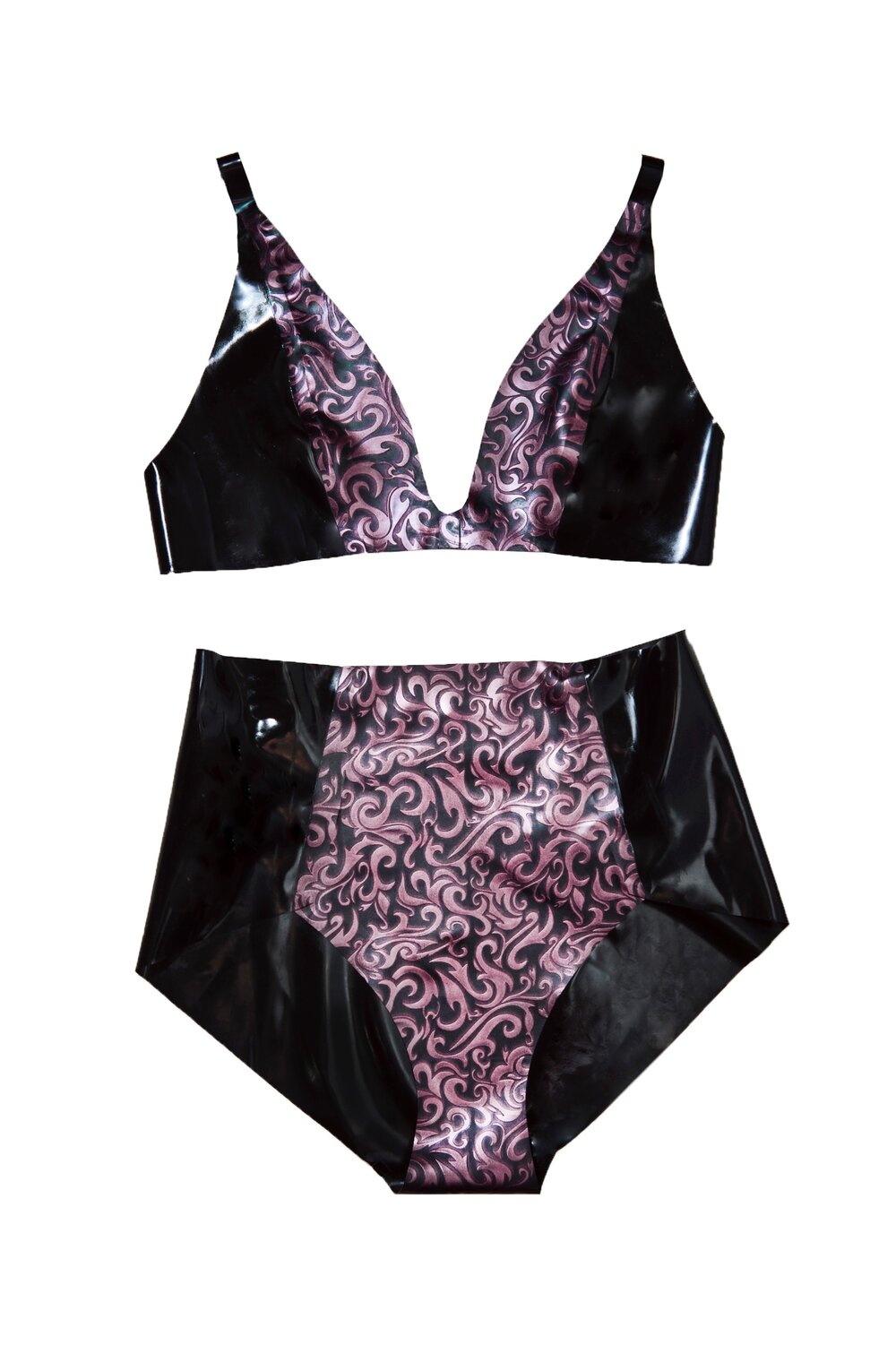 The cherry swirl Classic Latex Bralette and Panty Set.