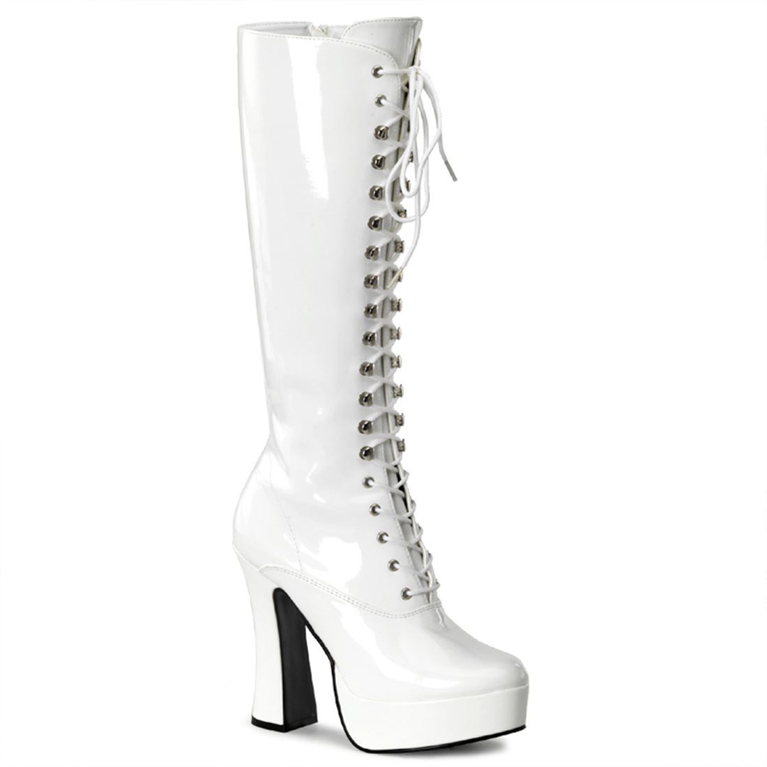 5" Electra Lace Up Knee Boot in white patent, right side view.