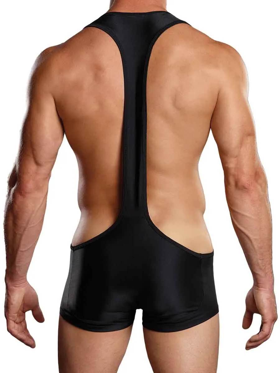 A model showing the T-back of the black Euro Sling Shorts Singlet.
