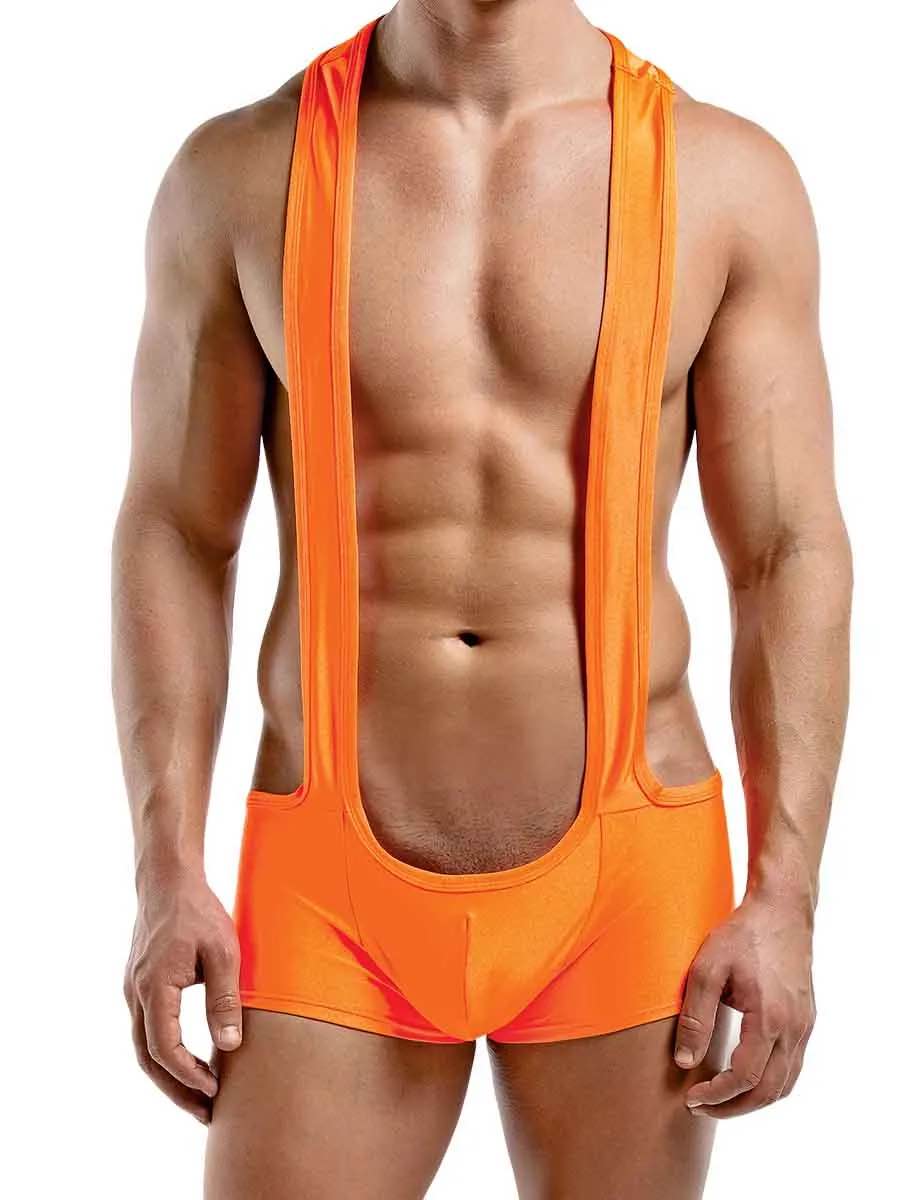 A model showing the front of the orange Euro Sling Shorts Singlet.