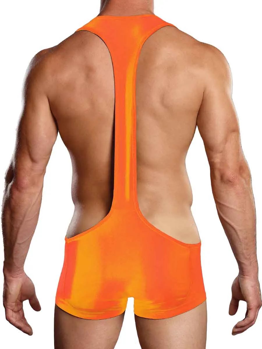 A model showing the T-back of the orange Euro Sling Shorts Singlet.