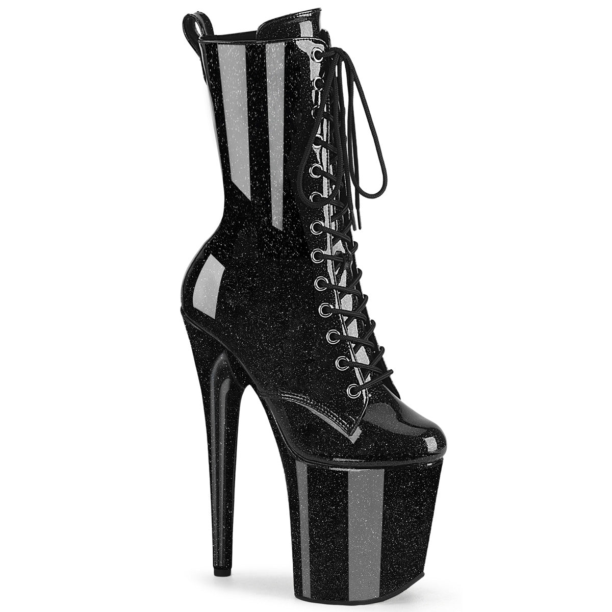 The right side of the black Flamingo 8" Heel Glitter Vinyl Ankle Boot.