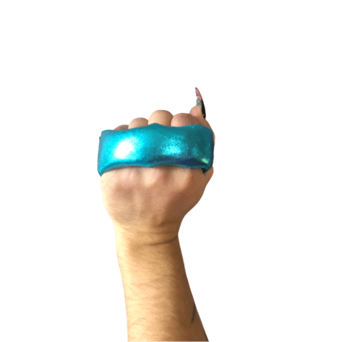 An closed hand holding a metallic teal sap wrap .