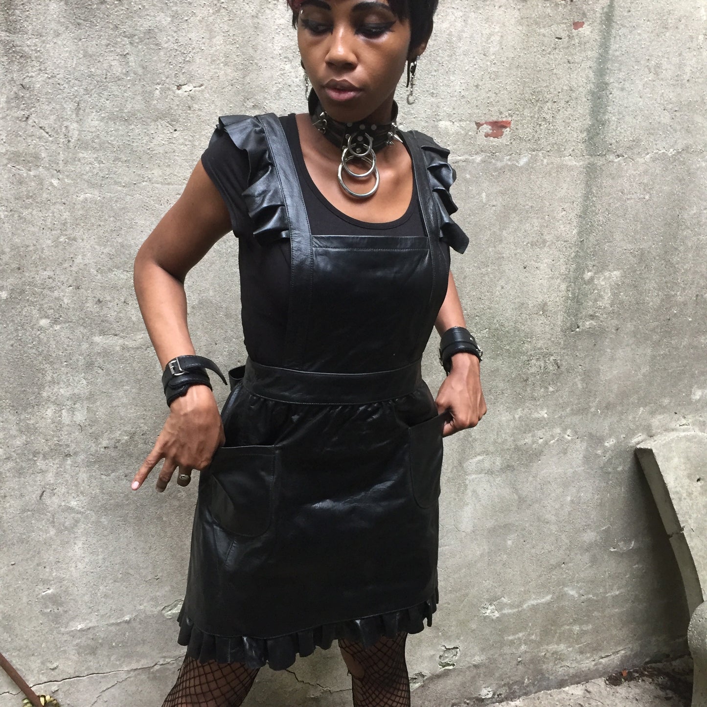 Leather Ruffle Full Apron on model frontal view