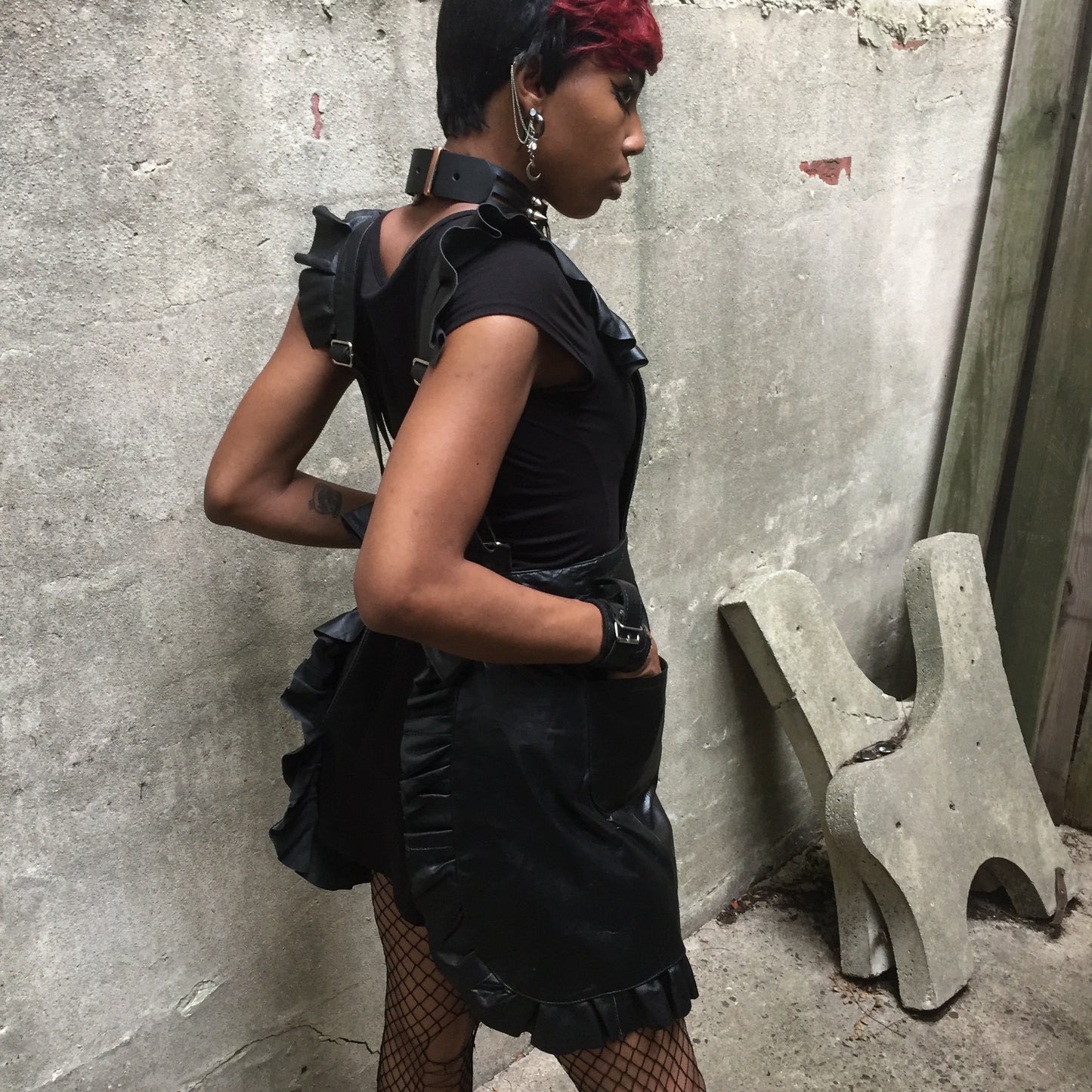 Leather Ruffle Full Apron on model right side view