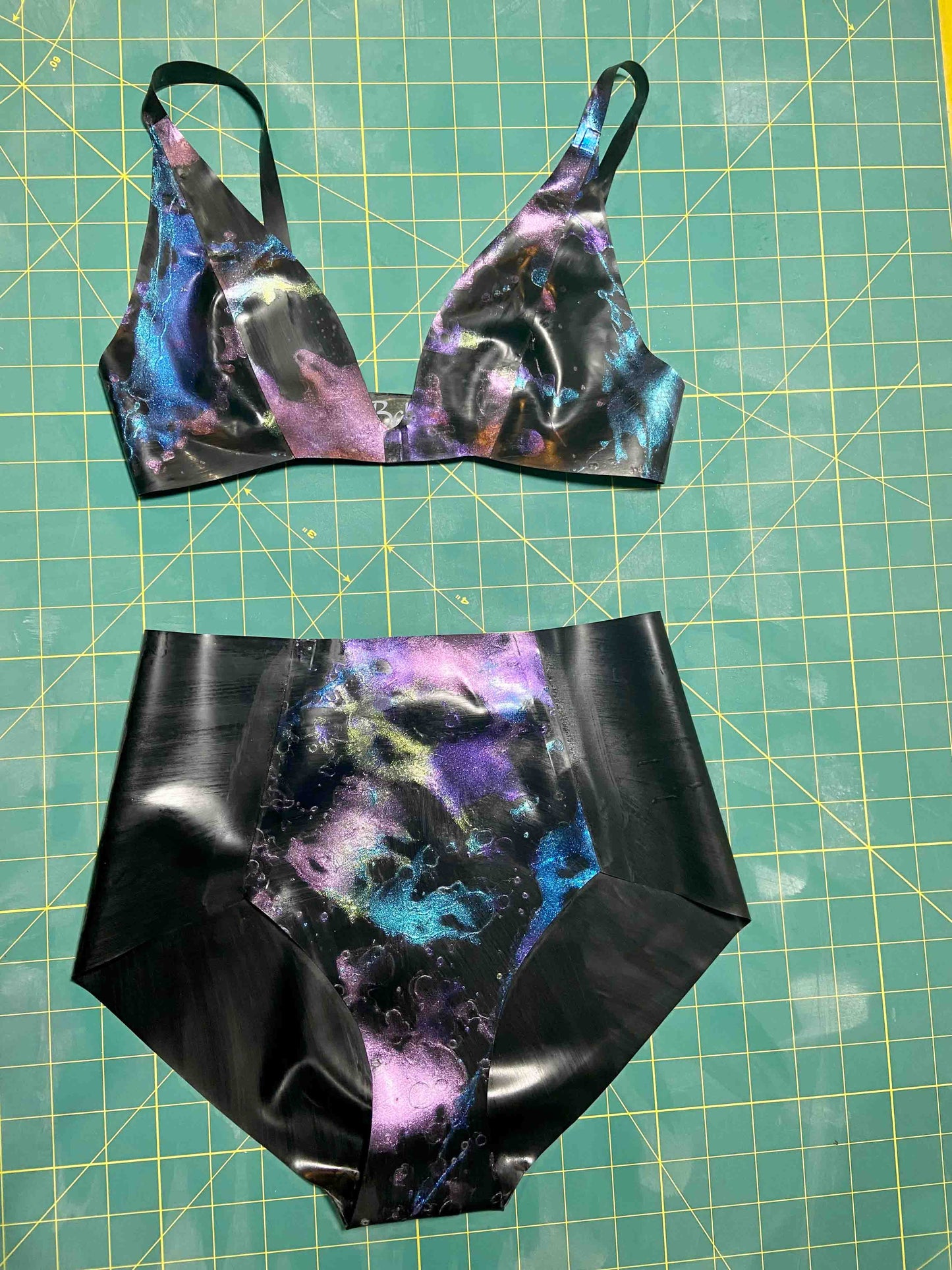 The black and galaxy Classic Latex Bralette and Panty Set.