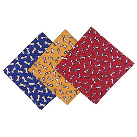 A blue, yellow and a red Puppy Bone Hanky Bandana