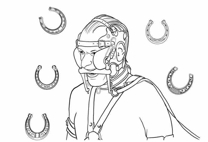 A page in Humanimals: A Romp Through Pet Play Coloring Book: A person wearing a pony bit and blinders surrounded by horseshoes.