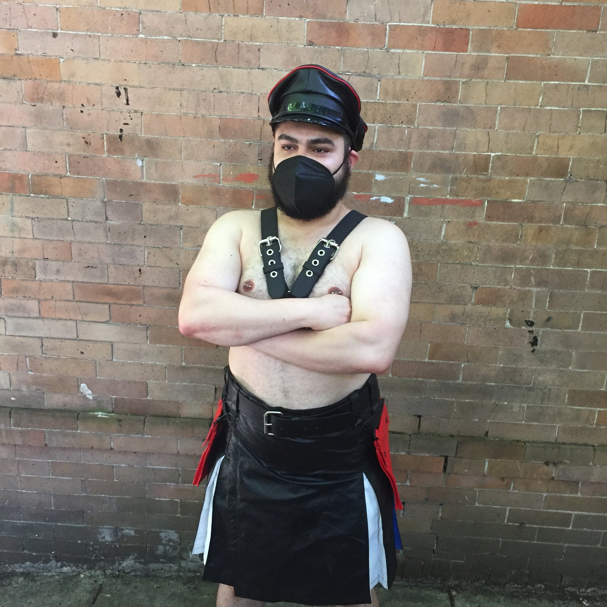 Leather Pride Flag Heritage Kilt, Front view.