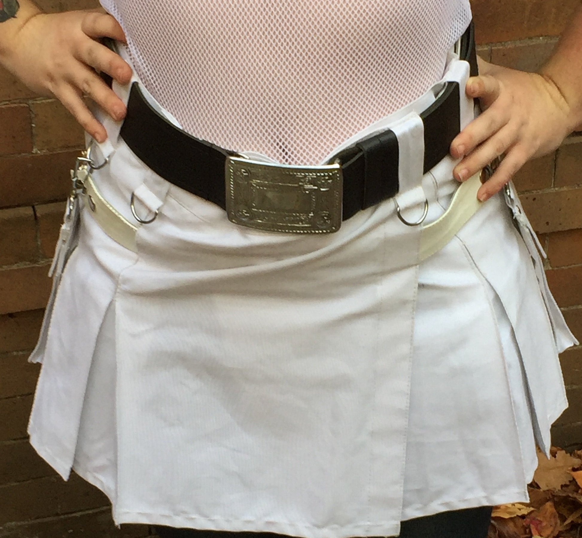 White Mini Heritage Kilt, front view.