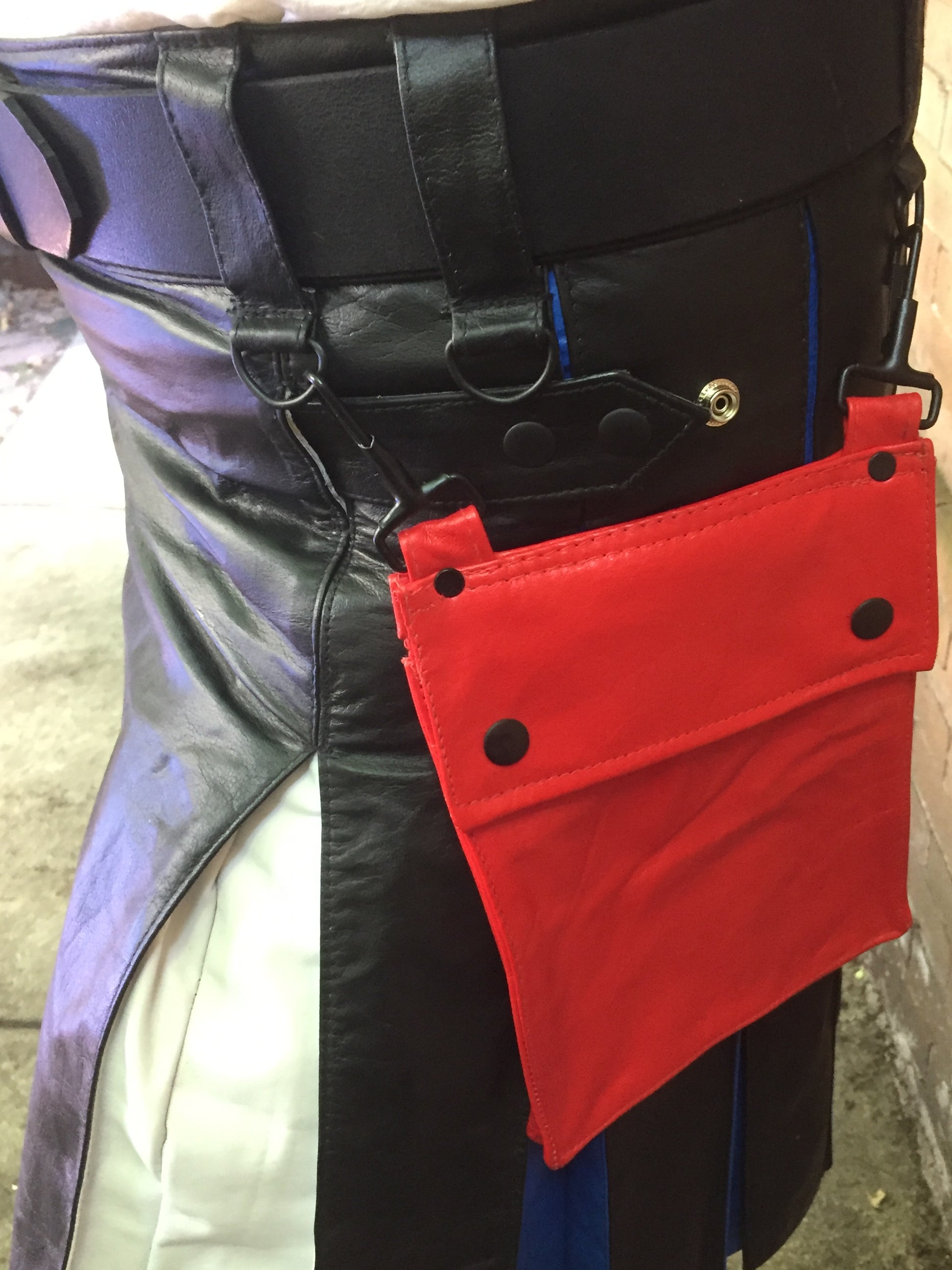 Leather Pride Flag Heritage Kilt, pocket detail.