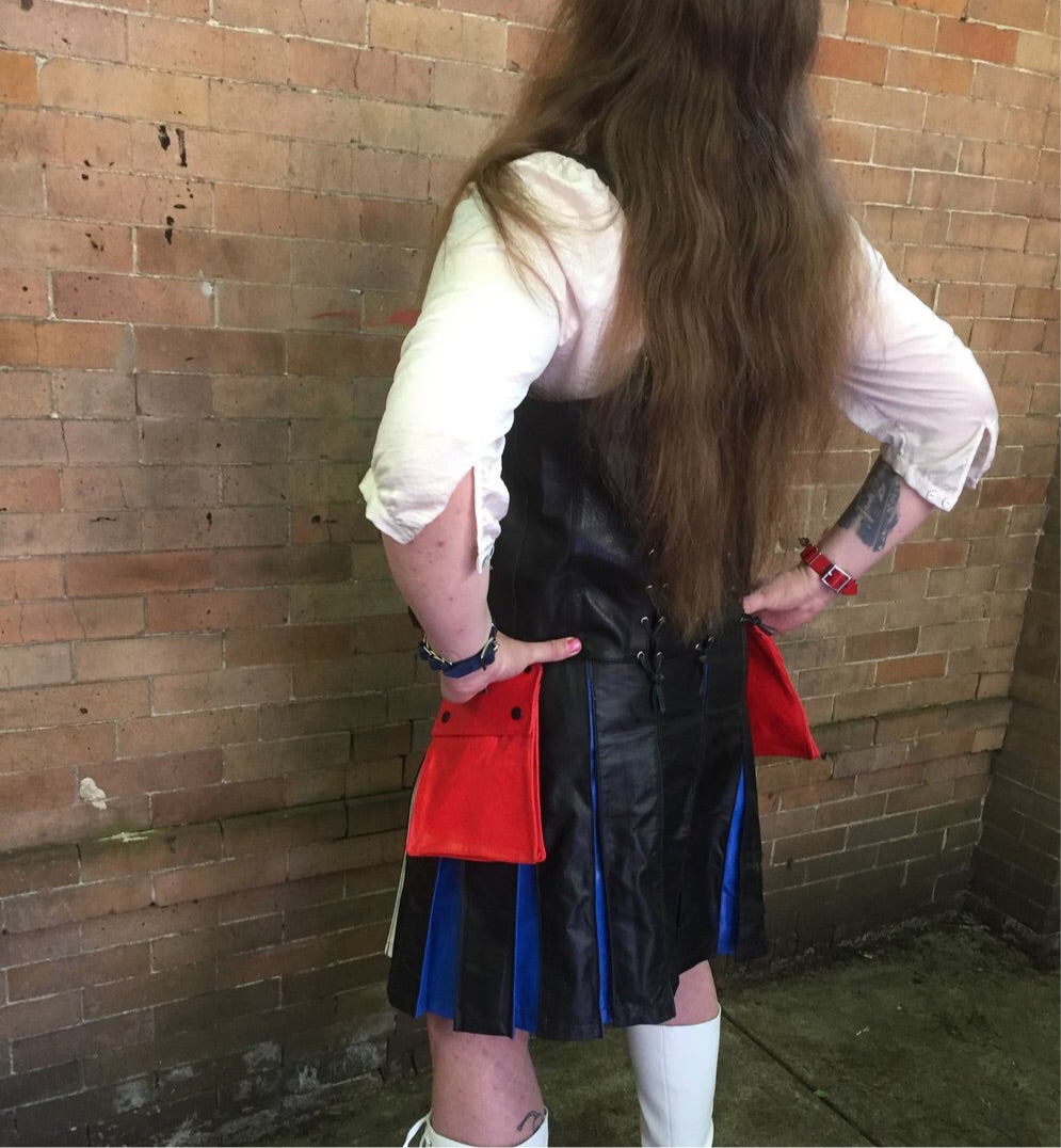 Leather Pride Flag Heritage Kilt, left side view.