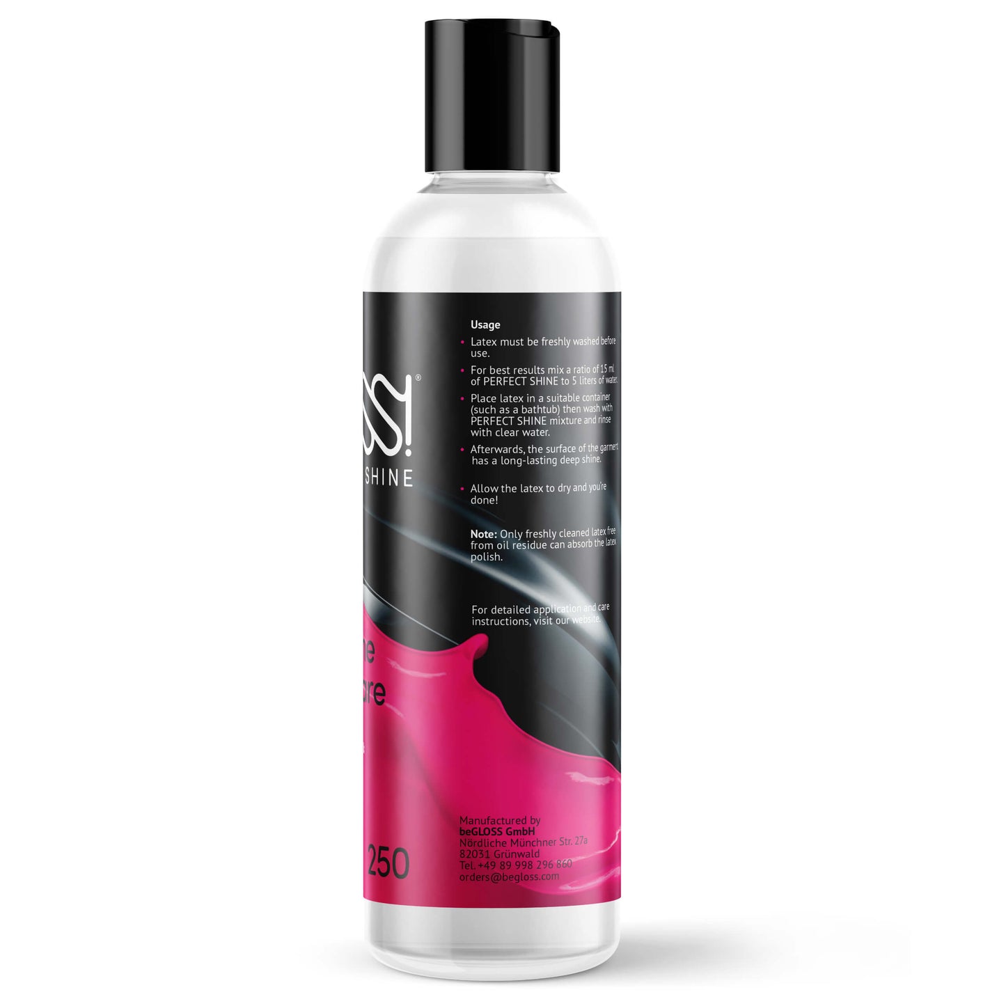 beGLOSS Perfect Shine, 250ml, side view bottle.