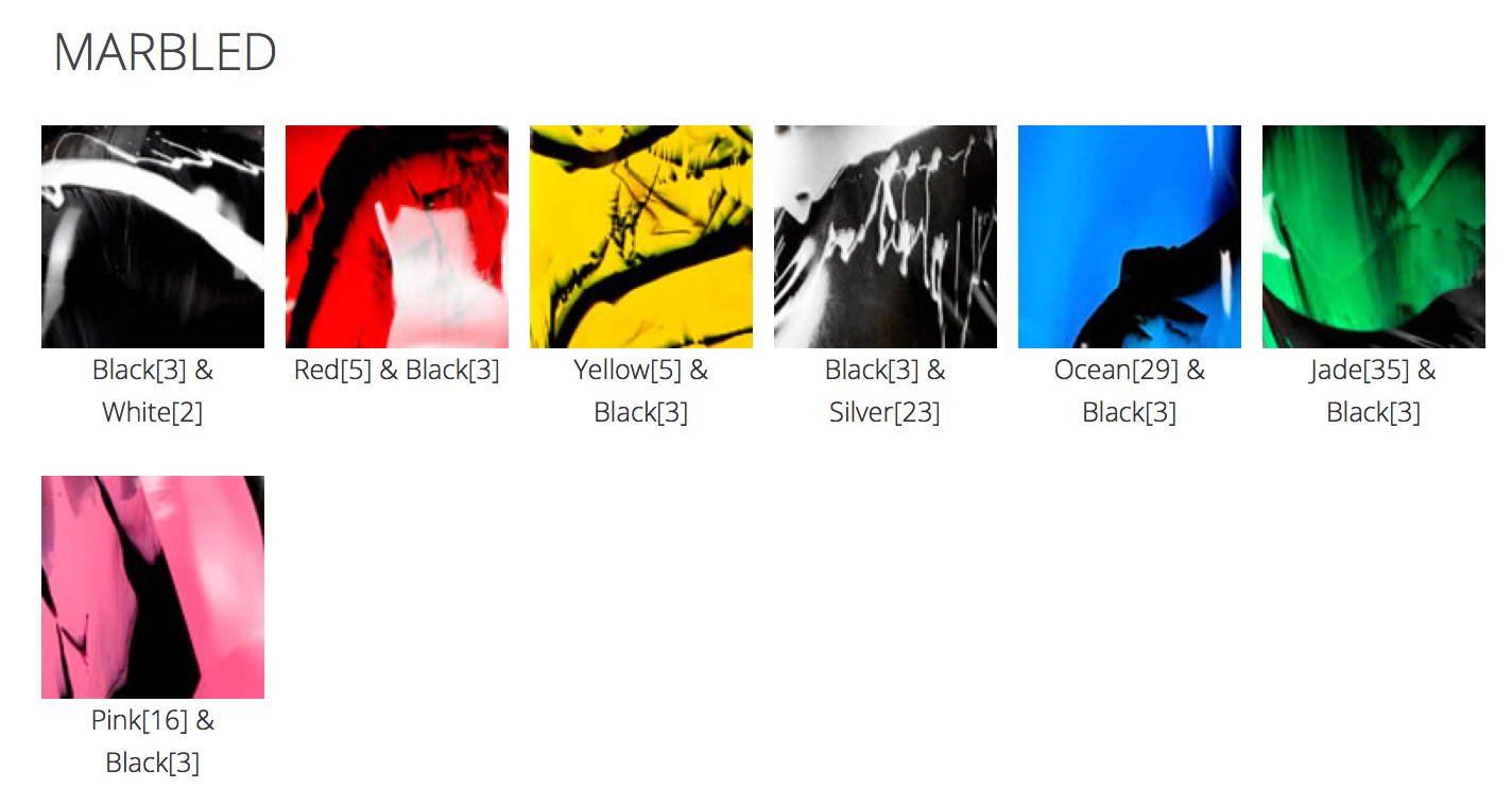 The marbled color chart for the Latex Play Panty Brief.