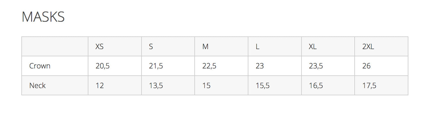 The size chart for the Catwoman Style Latex Mask.