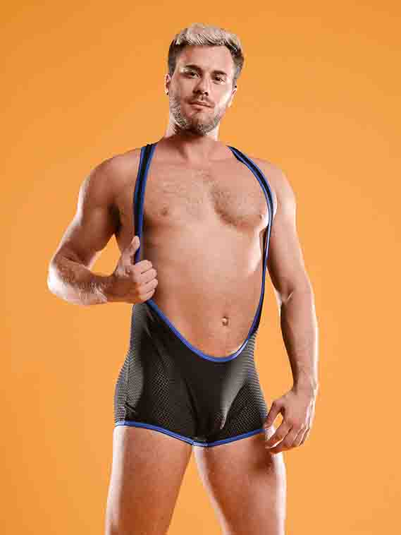 The front of the blue and black Sport Mesh Singlet.