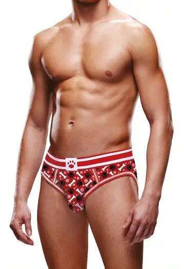 The front of the Red & White Paw Open Brief on a model.
