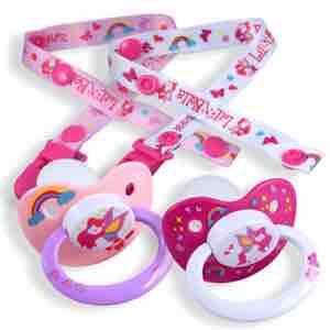 Two Lil Bella Character Pacifiers with their clips laid beside them.