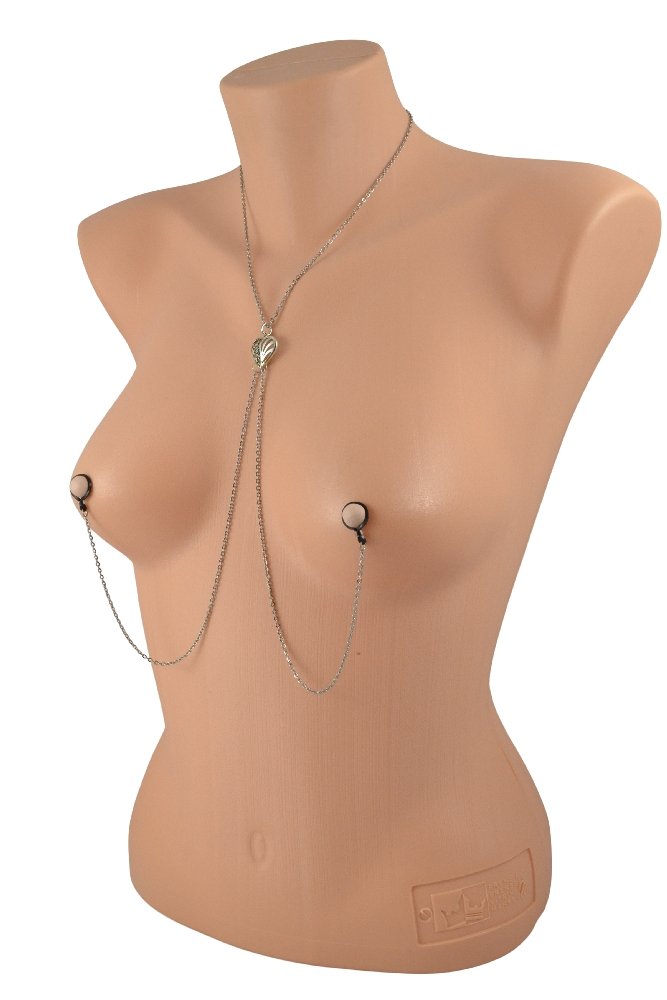 The Filigree Heart Stainless Steel Nipple Chain Necklace on a mannequin.