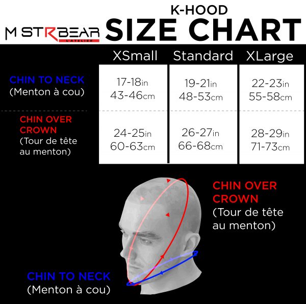 Size chart for the Neoprene K-Hood Base.