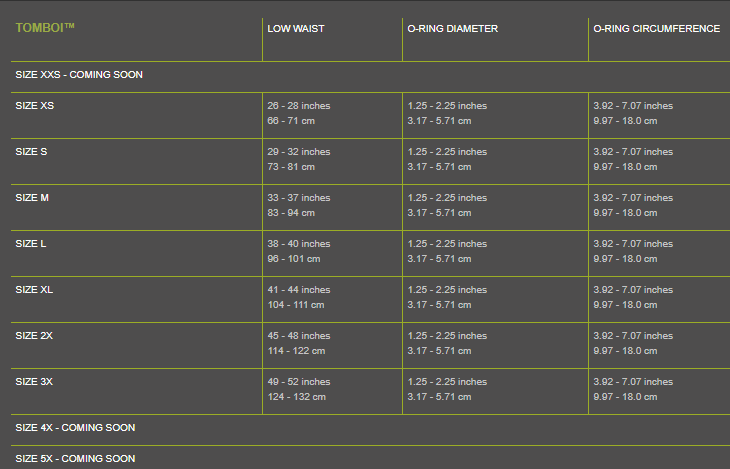 The size chart for the Tomboi Brief Harness.