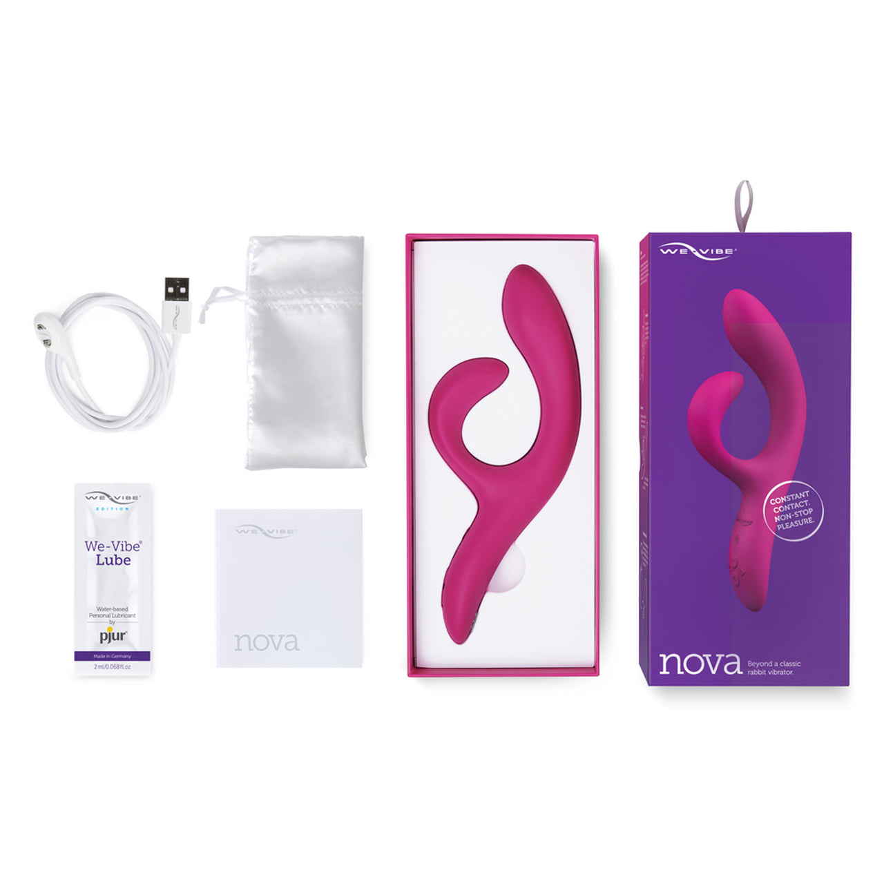 The We-Vibe Nova 2.0 Remote Vibrator with it's box and attachments.