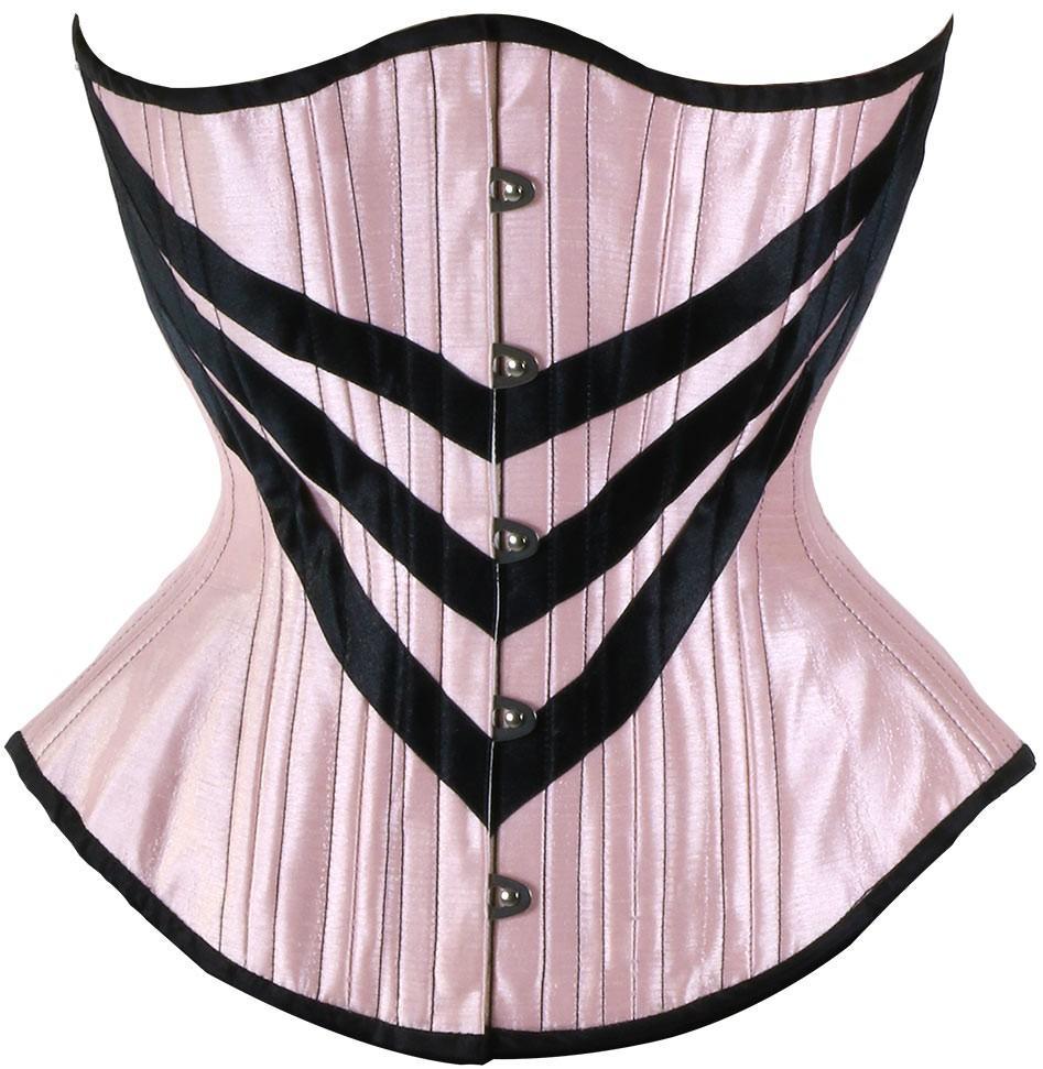 The PInk Silk Triple V Mid-Length Underbust Corset - in Hourglass Silhouette, front view.