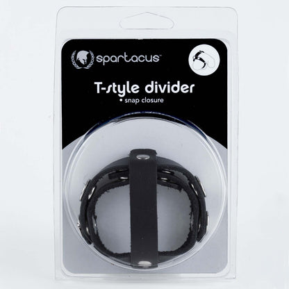 The black leather T-Divider Cock and Ball in its packaging.