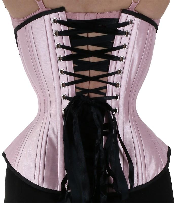 The PInk Silk Triple V Mid-Length Underbust Corset - in Hourglass Silhouette, rear view on model.