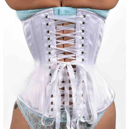 the White Satin Mid-Length Underbust Corset - Hourglass, rear view on a model.