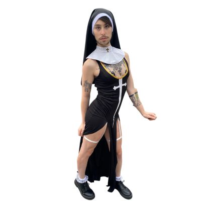 model facing right/front holding leg slit open wearing 3 pc. Sultry Sinner Nun Costume