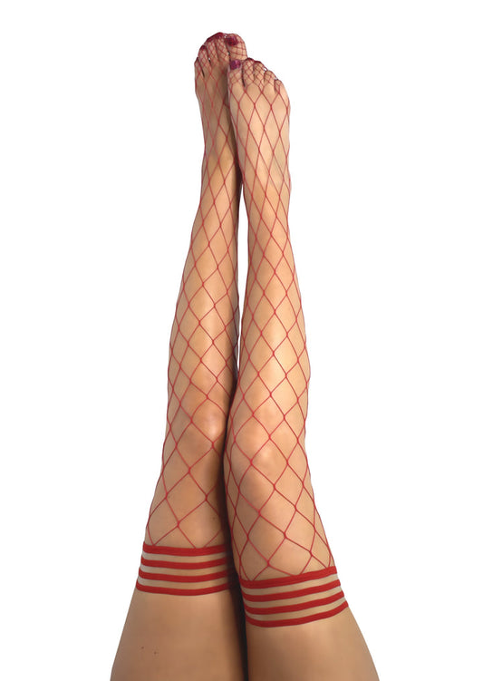 A model's legs wearing the Claudia Red Fence Net Thigh Highs.
