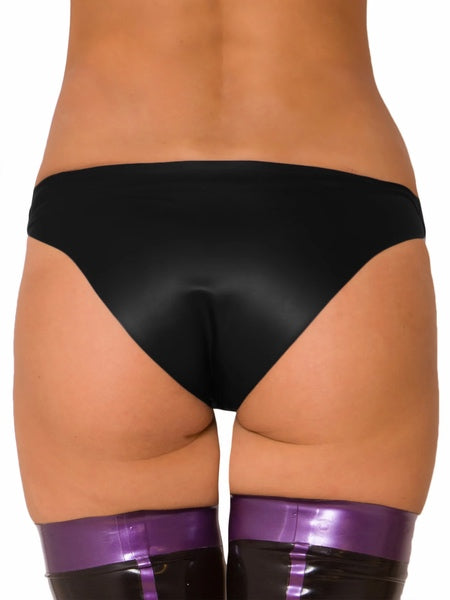 The torso of a model wearing the Connoisseur Latex Briefs, rear view.