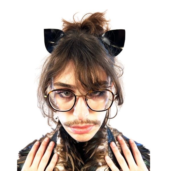 black latex feline ears in models hair